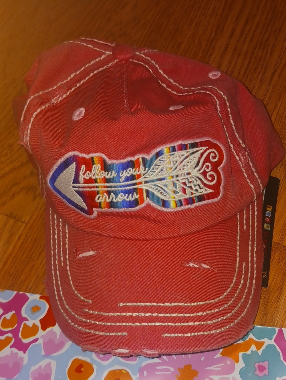Coral Distressed Baseball Cap with Colorful Arrow Patch